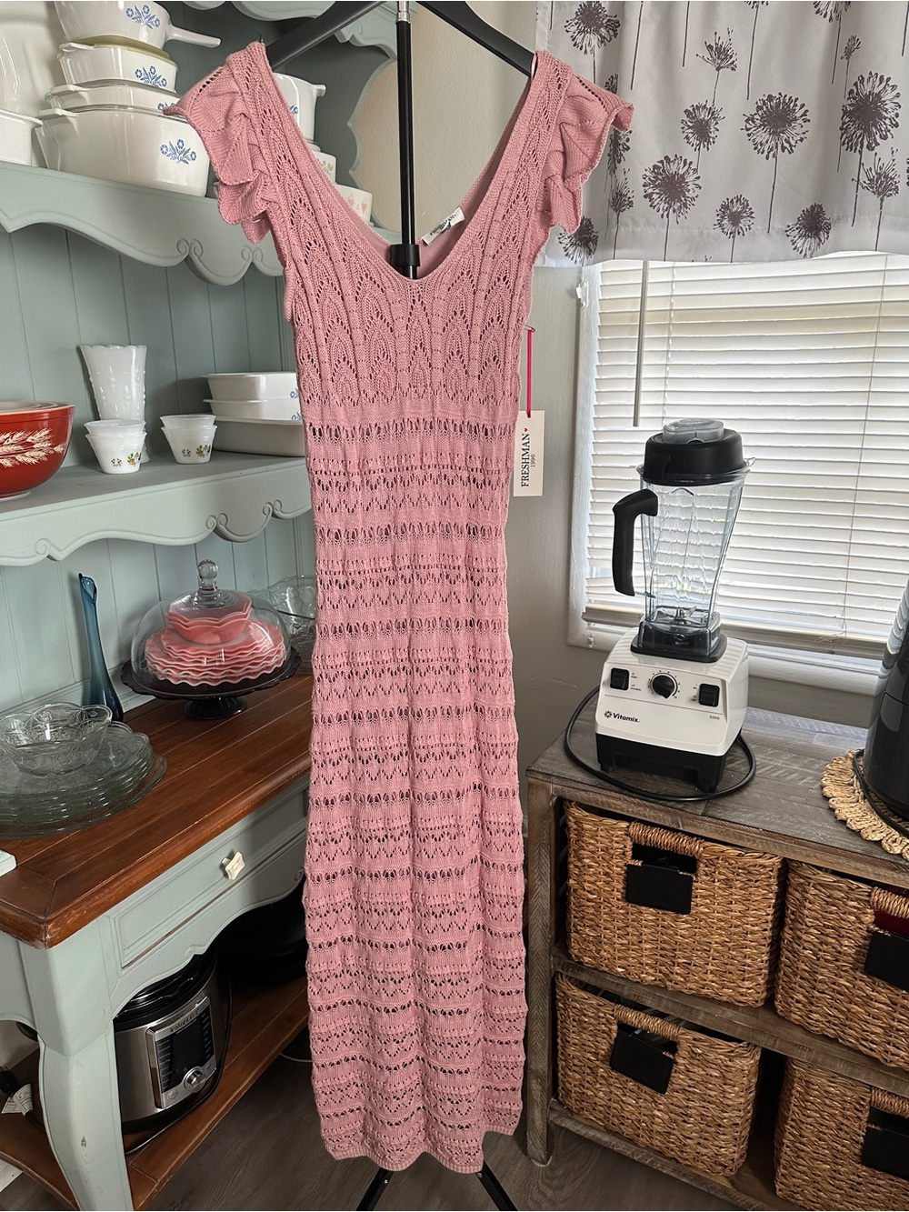 Romantic Pink Crochet Maxi Dress with Ruffle Cap Sleeves